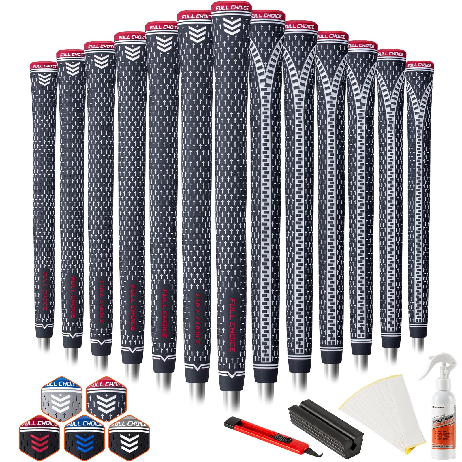 Full Choice front view of 13-grip set showing organized colors and clarity benefit