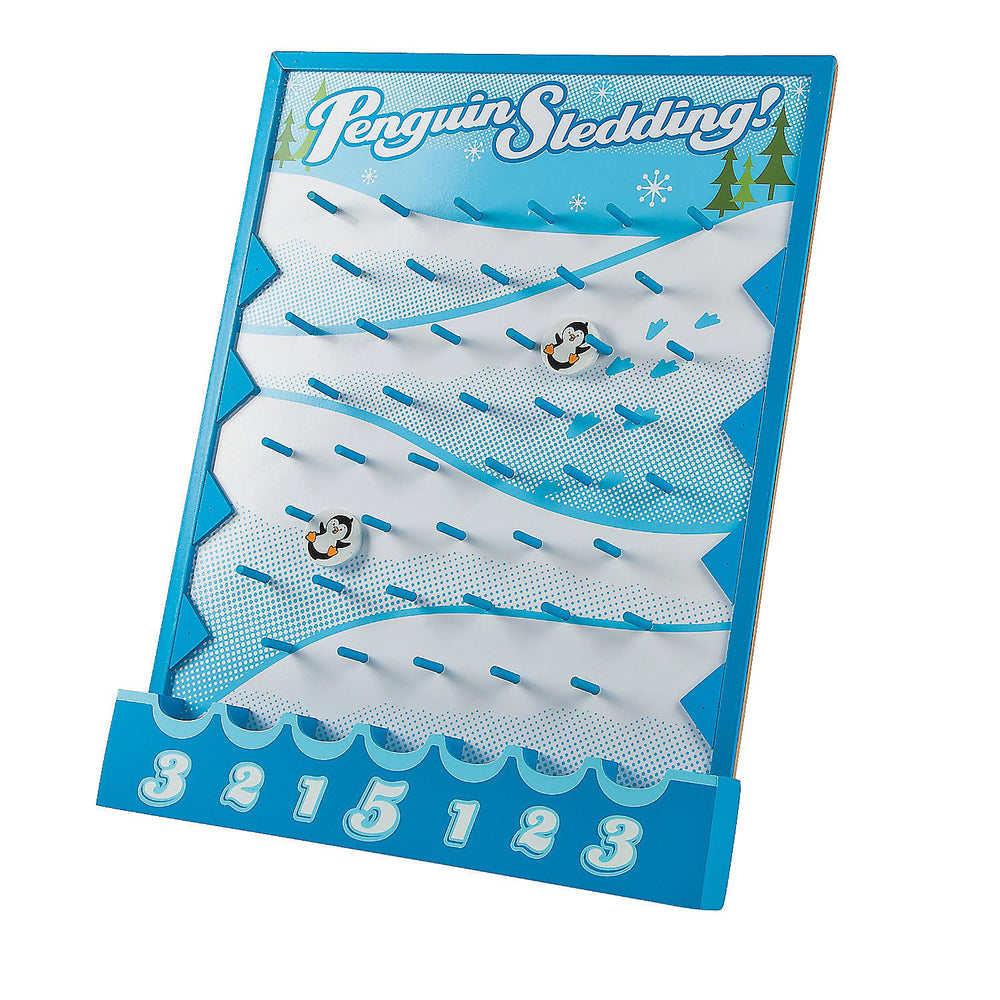 Fun Express front view of penguin sledding board showing festive artwork and play area benefits engagement