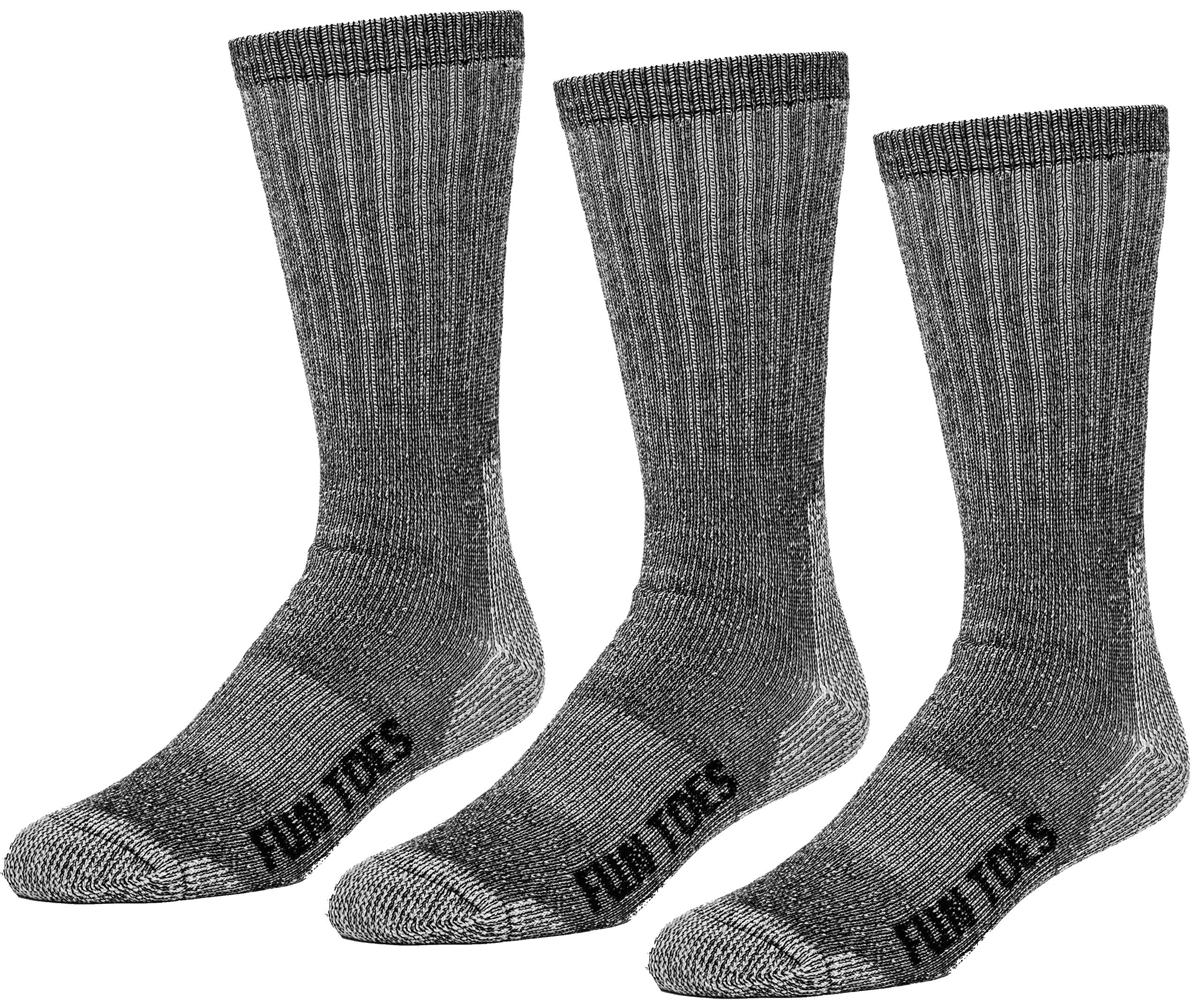 FUN TOES front packaging of 3-pack black boot socks showing value and readiness