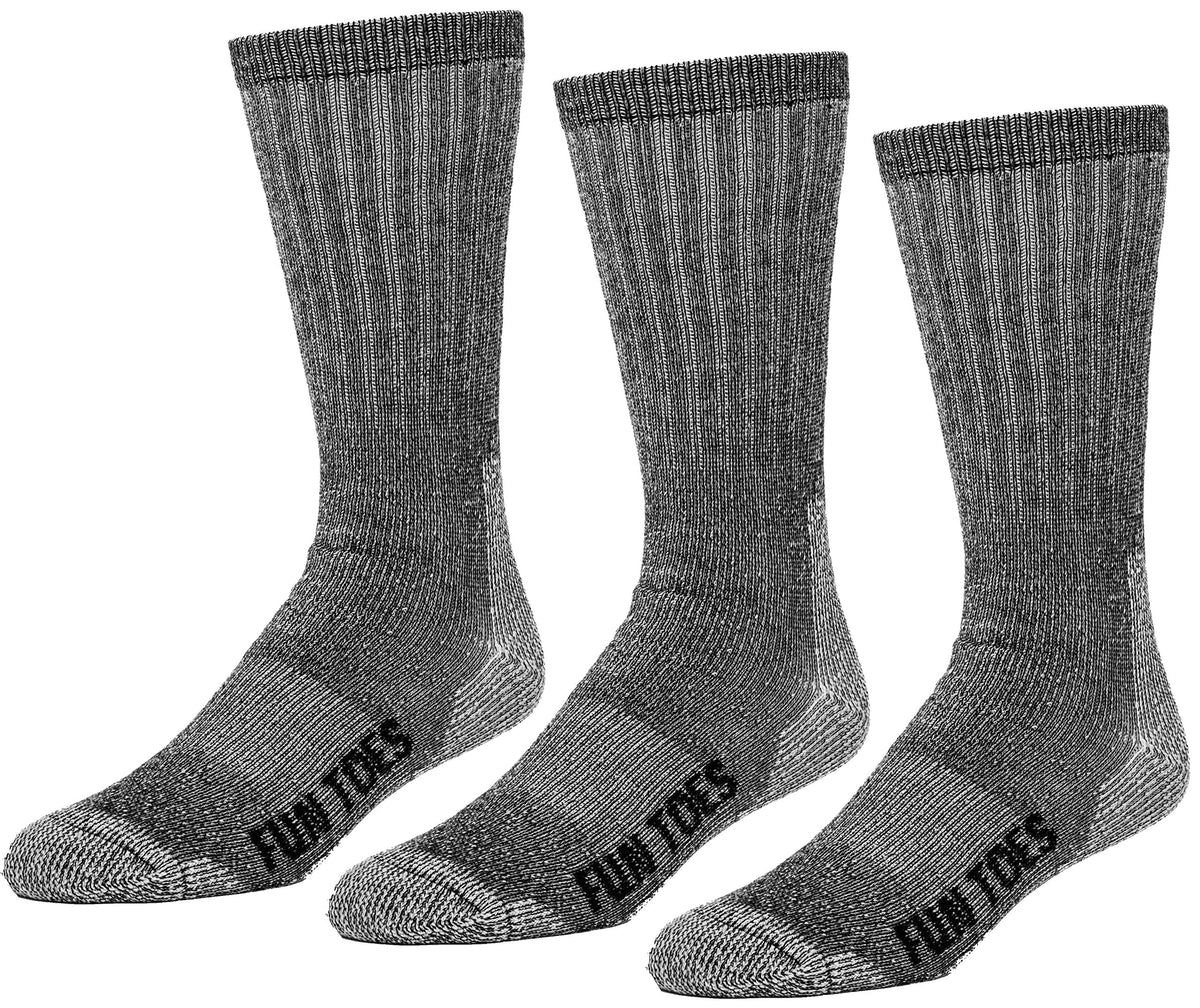 FUN TOES front packaging of 3-pack black boot socks showing value and readiness