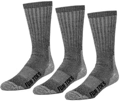 FUN TOES front packaging of 3-pack black boot socks showing value and readiness