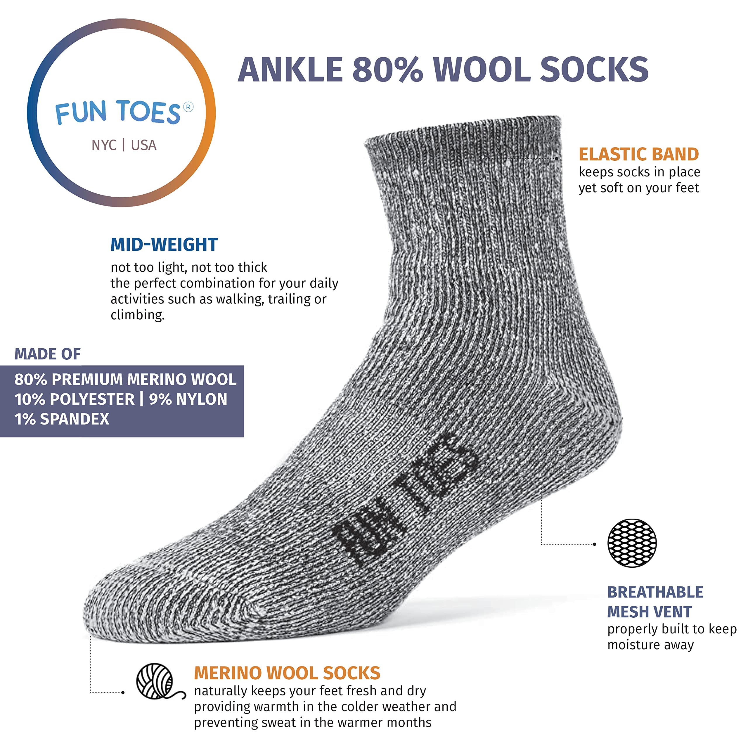 FUN TOES merino knit texture detail demonstrating breathable warmth and moisture control