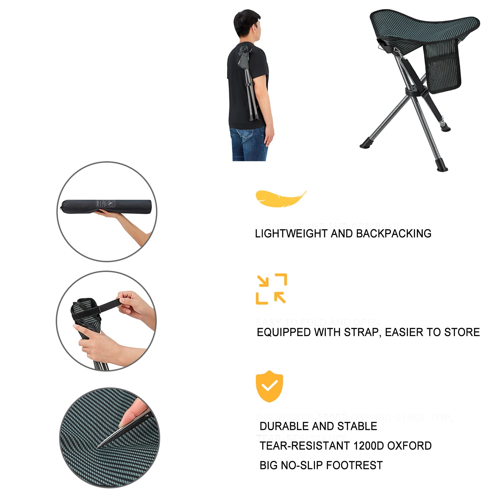 FUNDANGO folded stool in hand demonstrating ultra-compact portable size