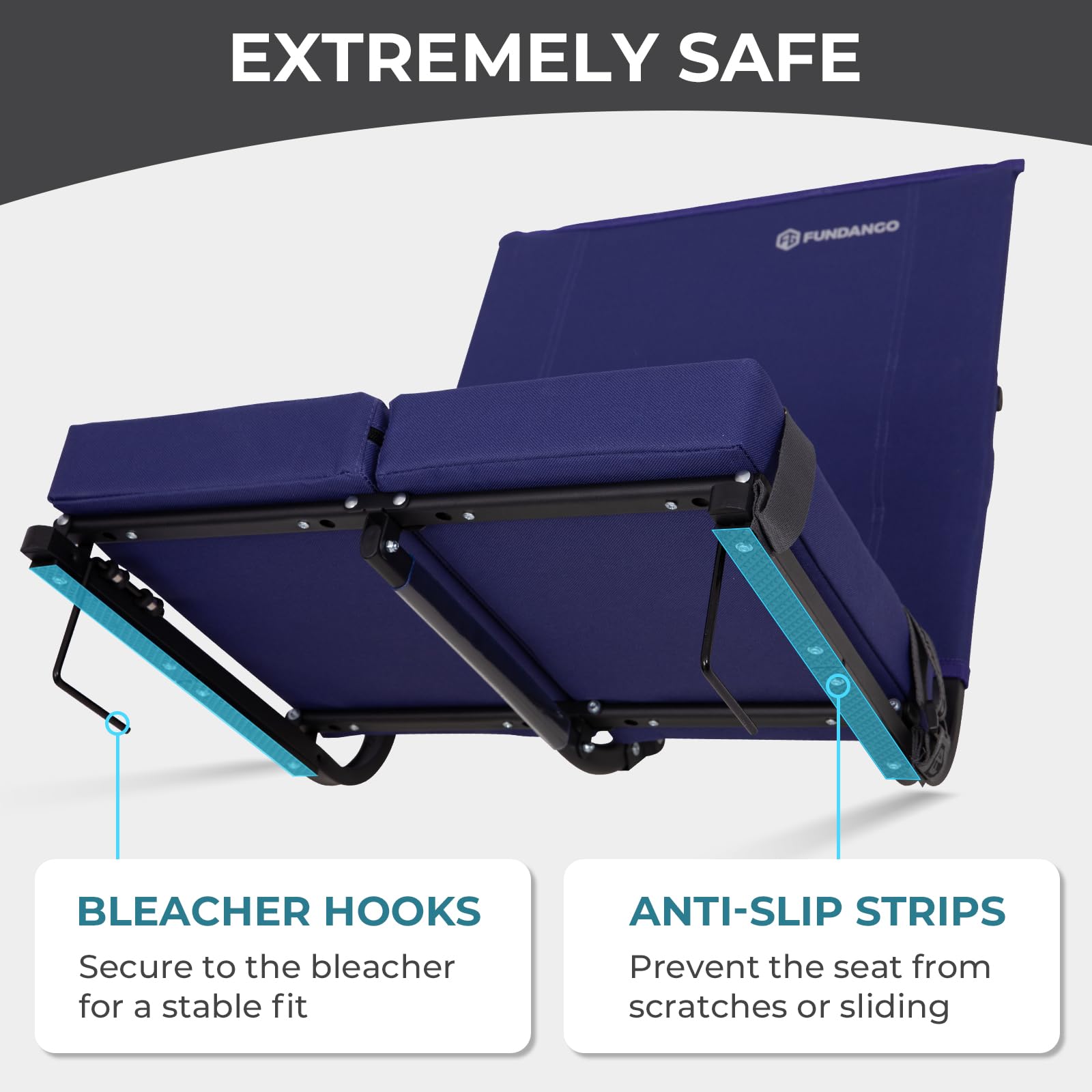 FUNDANGO seat installed on bleacher with spectator enjoying cushioned support