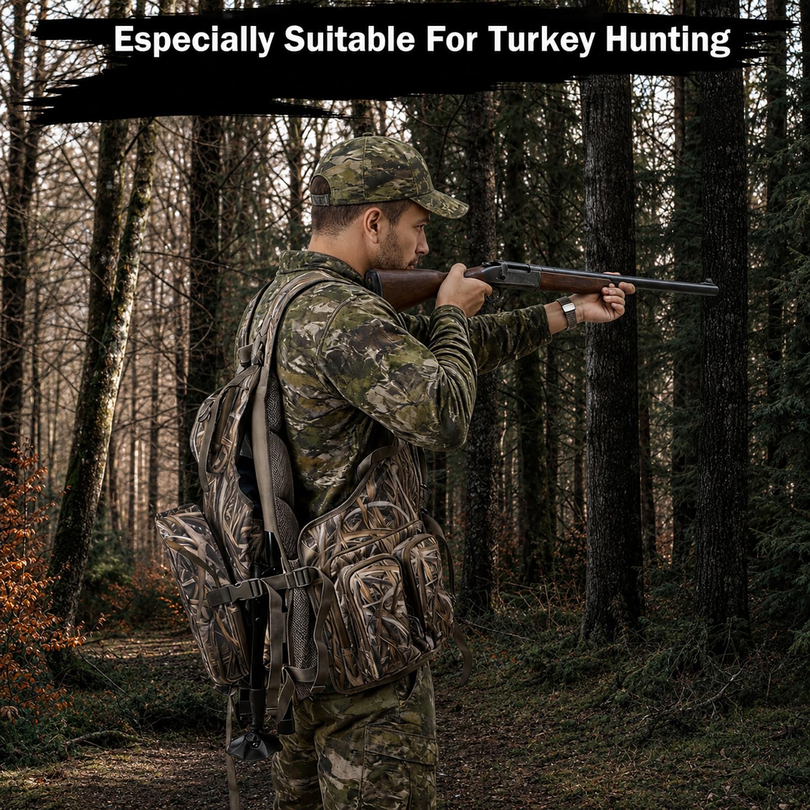 FUNHORUN in-use shot of hunter sitting in brush demonstrating concealment and comfort