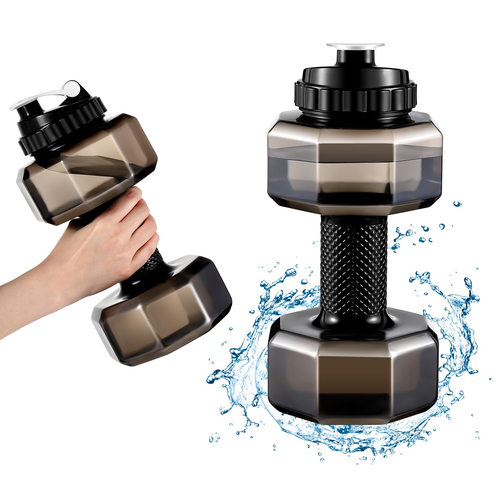 Funnymoom front view of two dumbbell water bottles showing capacity and shape benefit