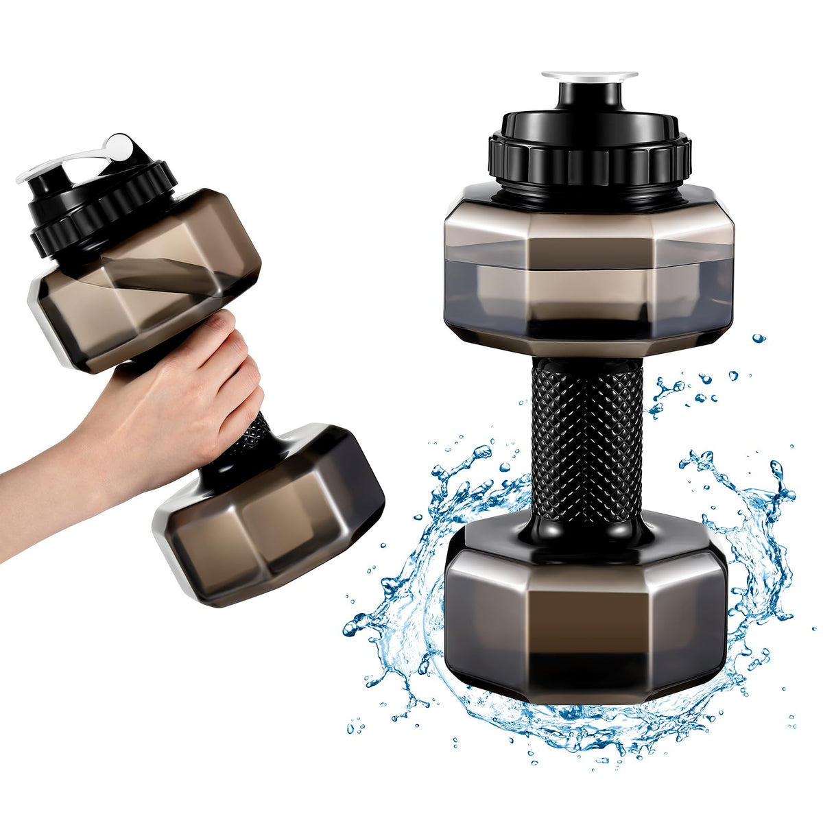 Funnymoom front view of two dumbbell water bottles showing capacity and shape benefit