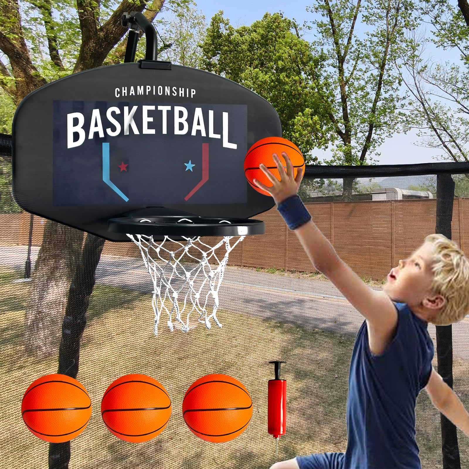 FUNSEEK hoop front view showing full backboard and rim for instant play