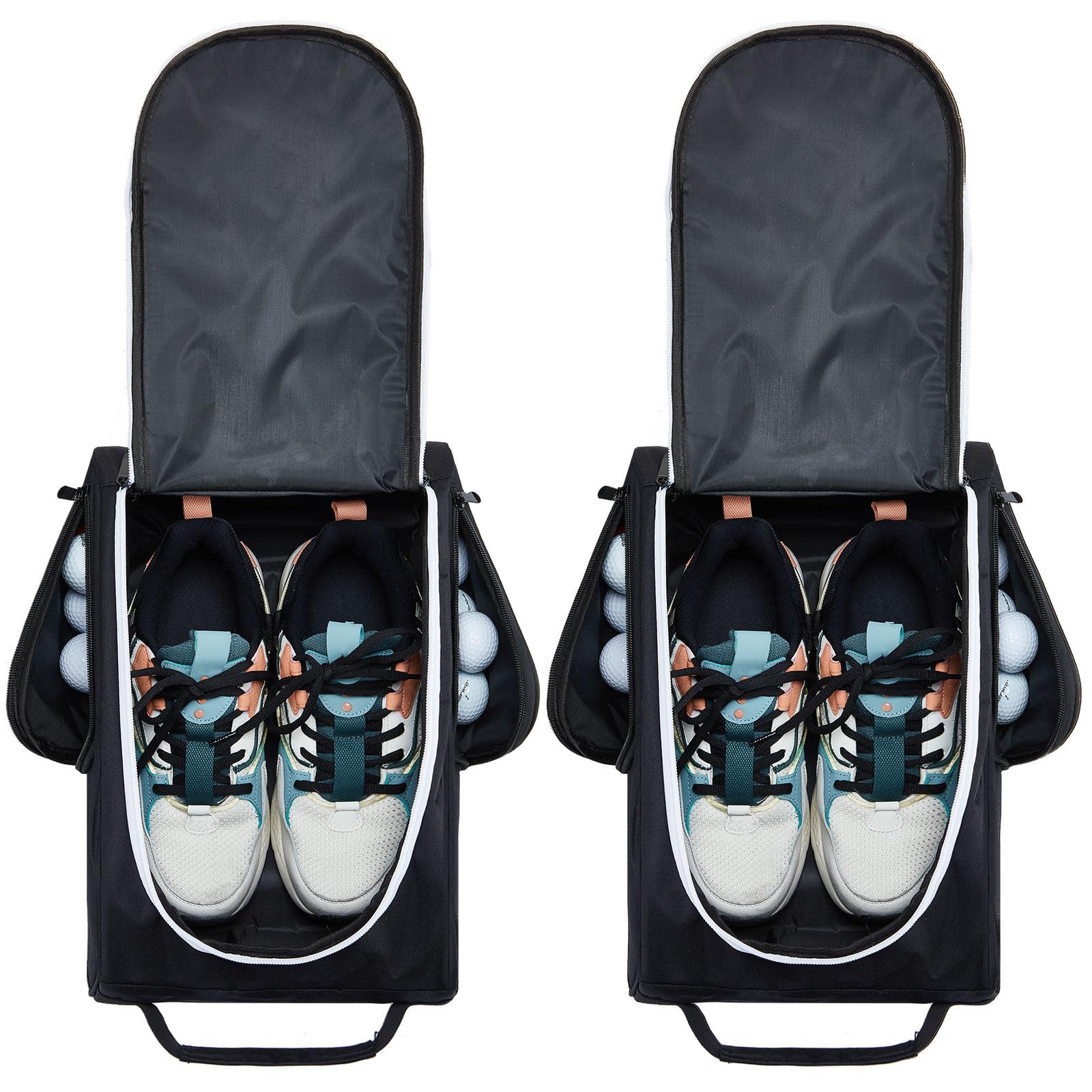 Funtery front view of black and gray shoe bags showing compact storage and protection