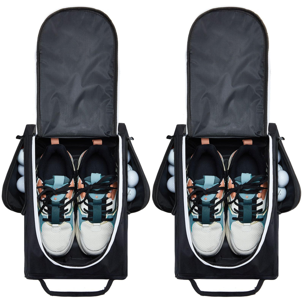 Funtery front view of black and gray shoe bags showing compact storage and protection