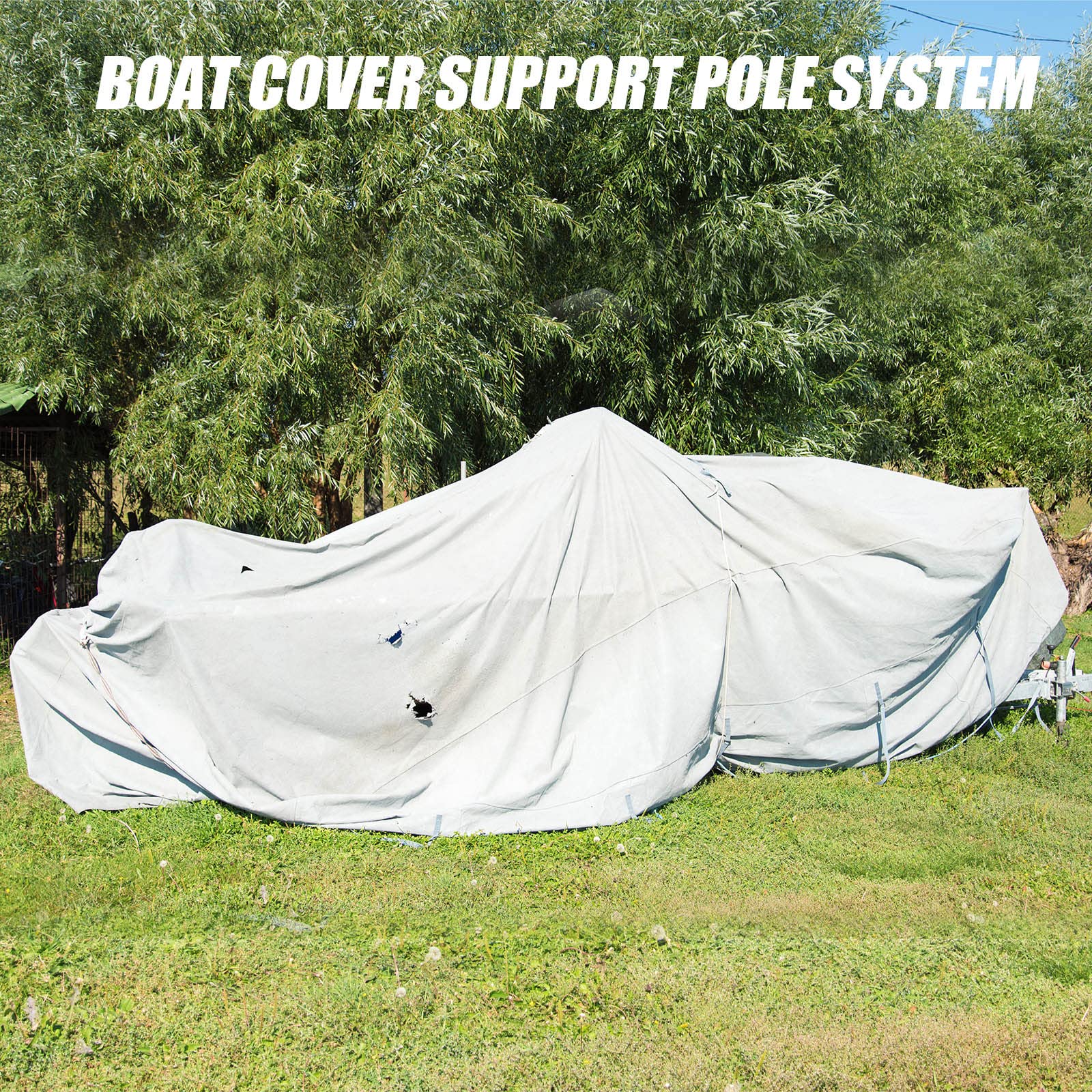 Funtery lifestyle shot of boat with supported cover protecting interior
