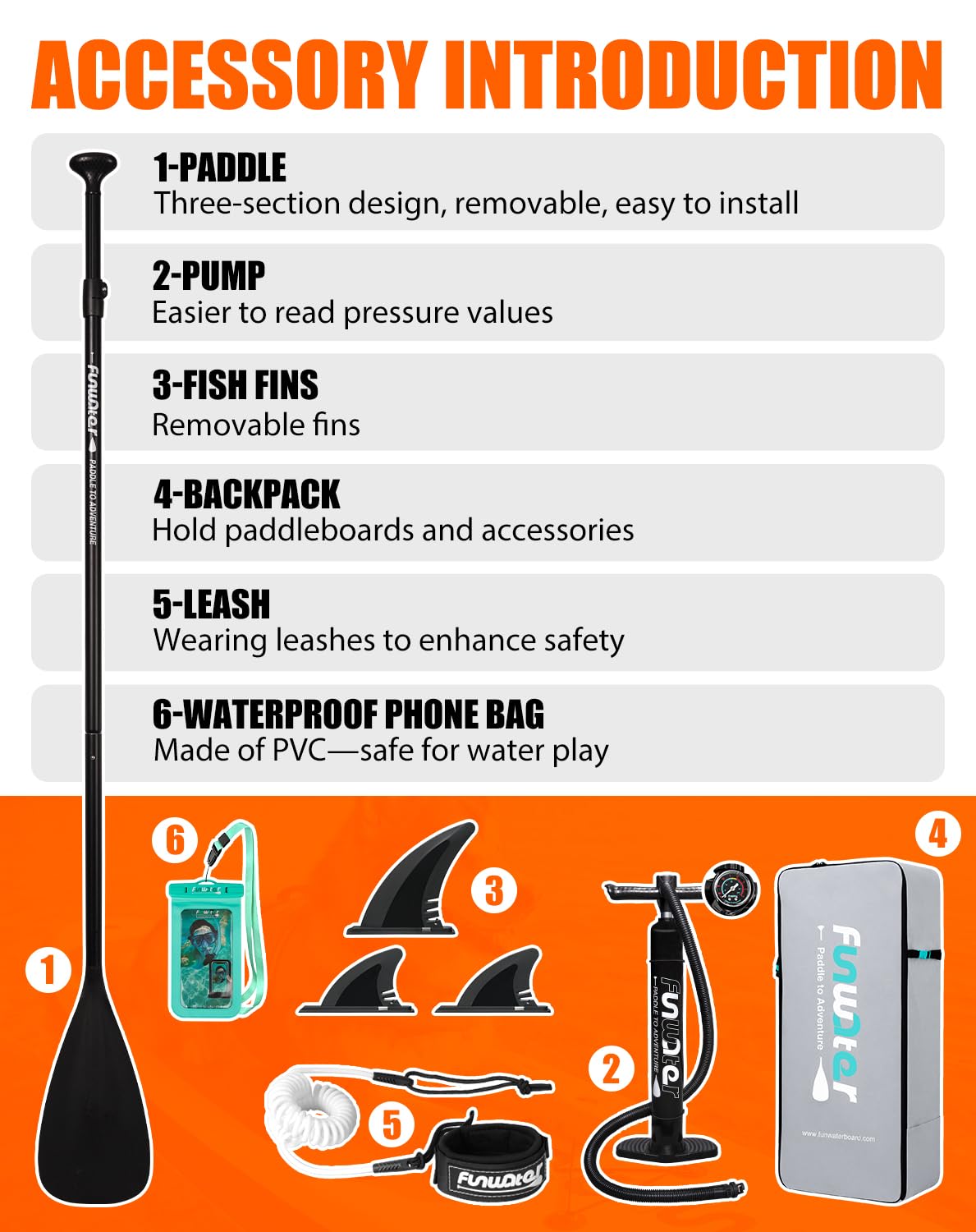 FunWater included accessories laid out to show paddle, leash, pump and phone bag