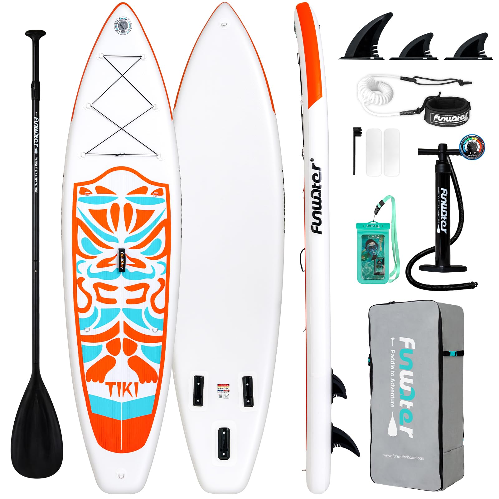 FunWater front view of packaged board showing bold totem design and portability benefit