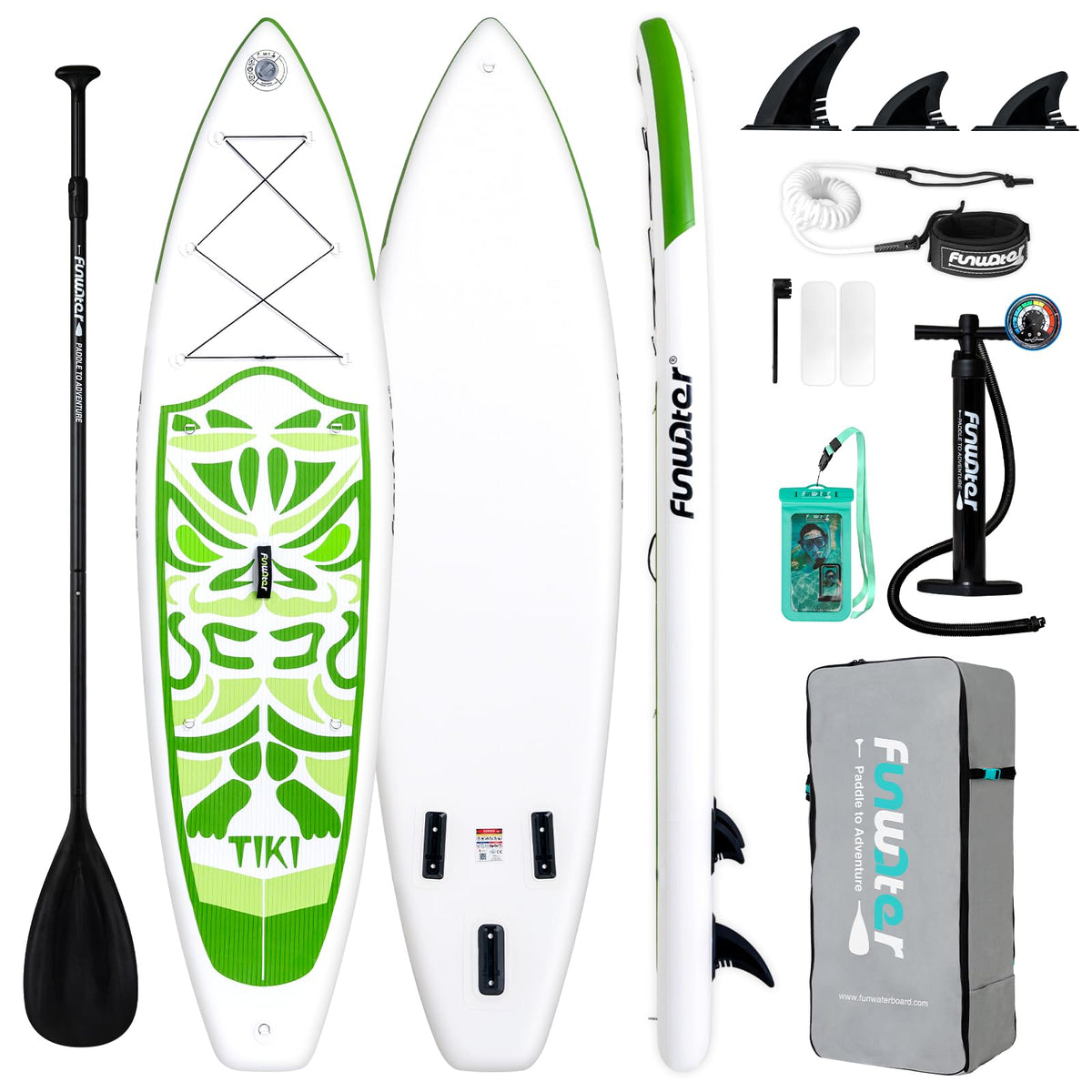 FunWater front view of apple-green SUP showing shape and design for stability
