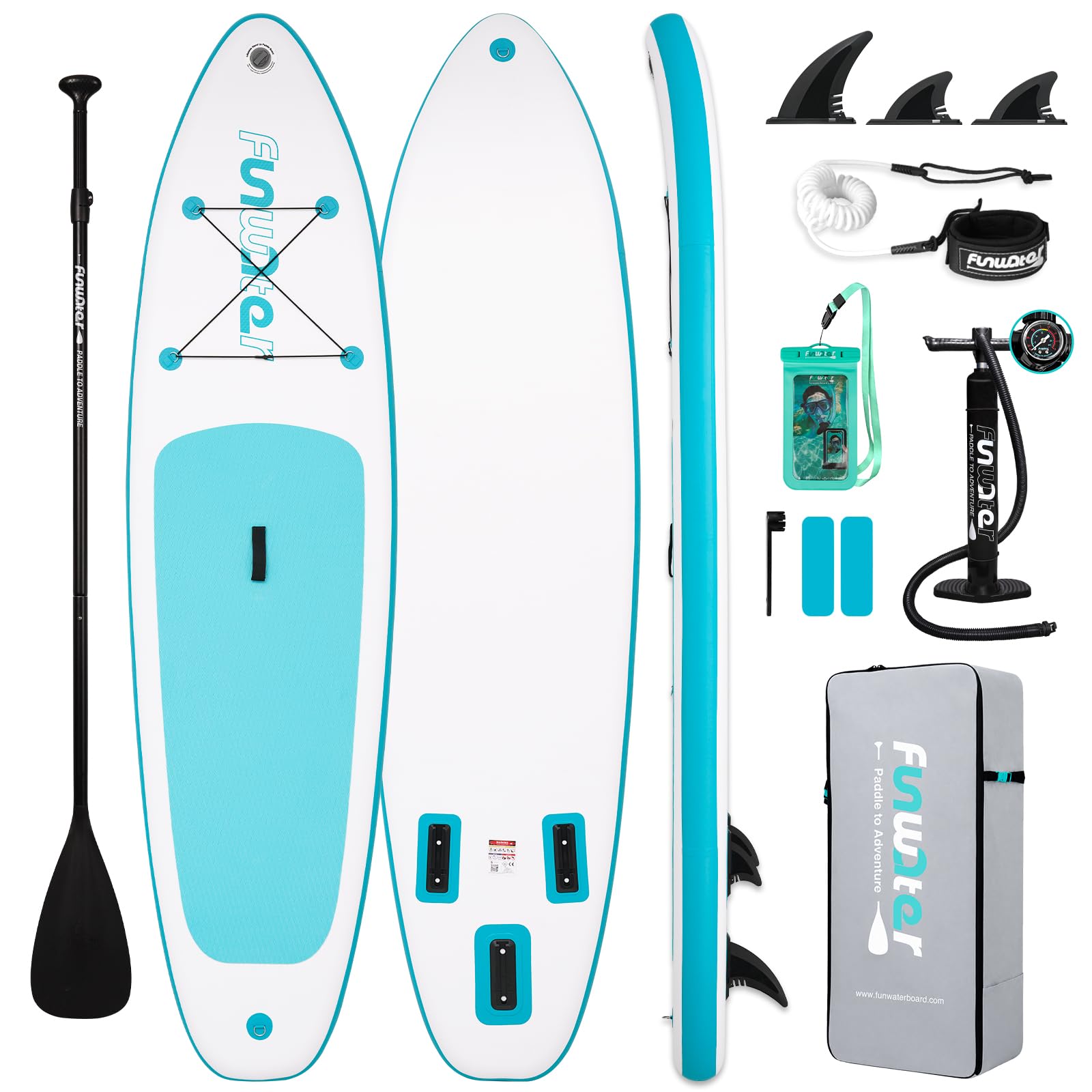 FunWater front view of inflated paddle board showing shape and graphics for easy identification