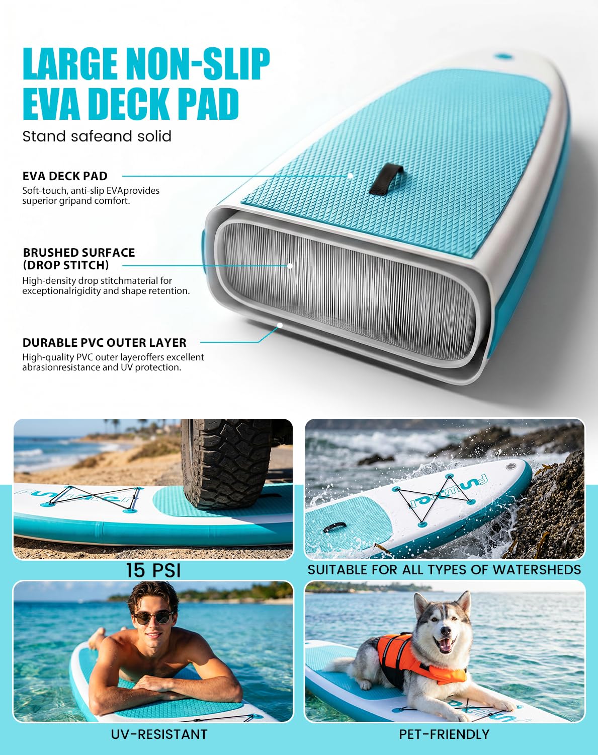 FunWater underside view with three fins attached improving tracking and directional control