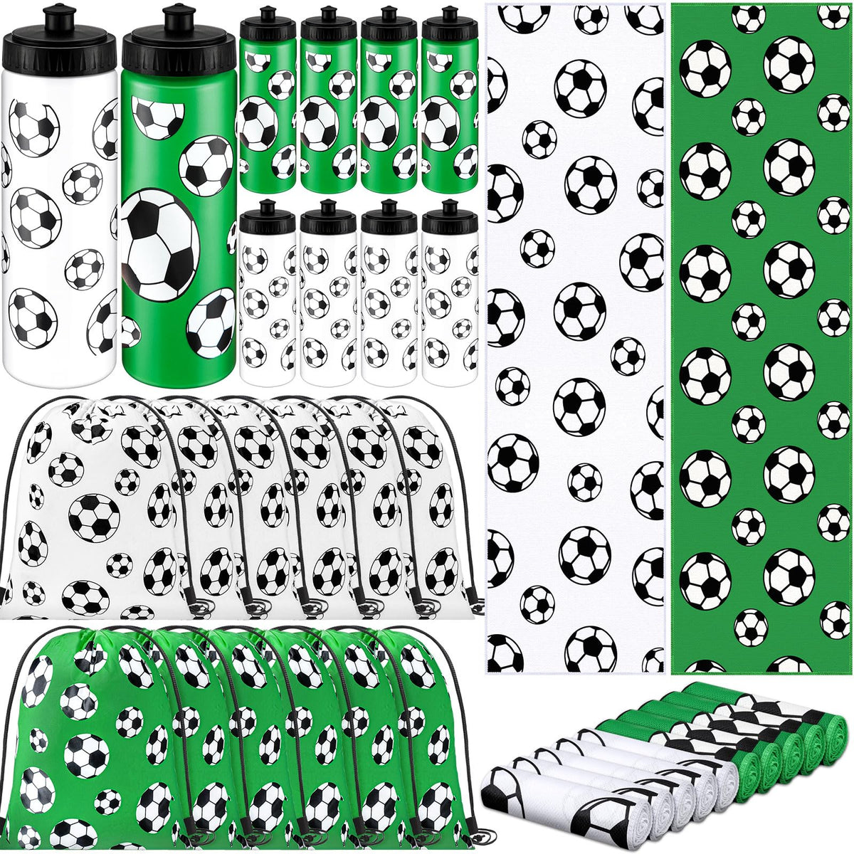 FuWeave front view of full soccer set showing bottles towels bags organized