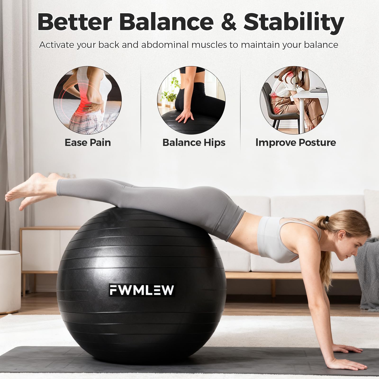 FWMLEW ball next to chair showing XL 68–75 cm size and ergonomic scale
