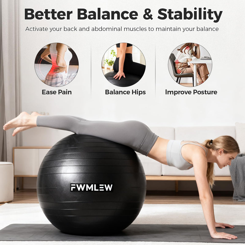 FWMLEW ball next to chair showing XL 68–75 cm size and ergonomic scale