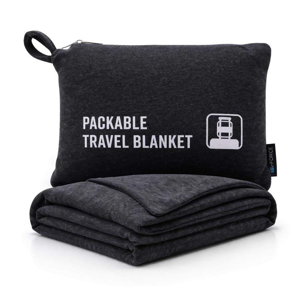 G FORCE front view of black packable travel blanket showing compact design and portability