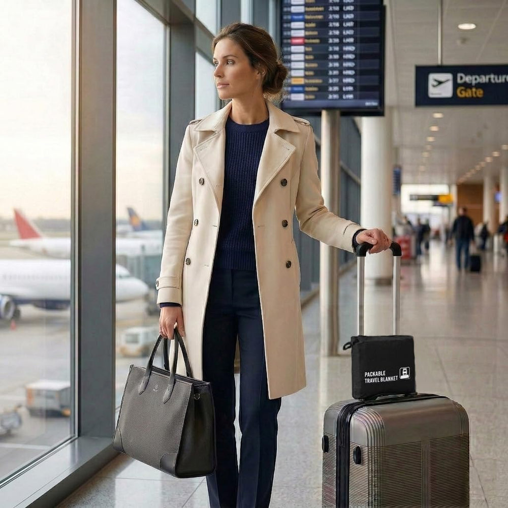 G FORCE blanket beside suitcase showing 50x47 inch scale and travel-ready size