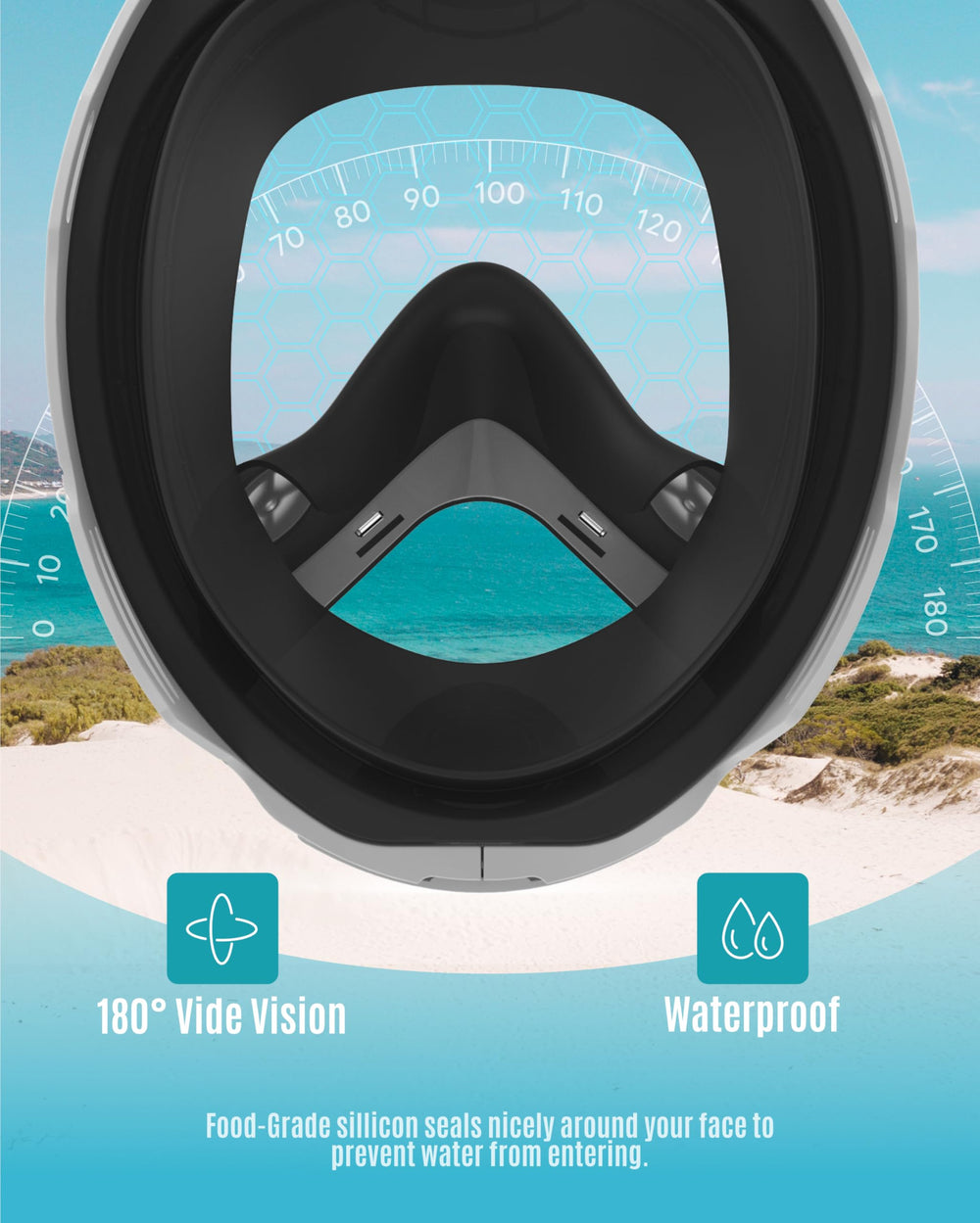G2RISE child wearing mask in shallow water showing confidence and easy breathing benefit