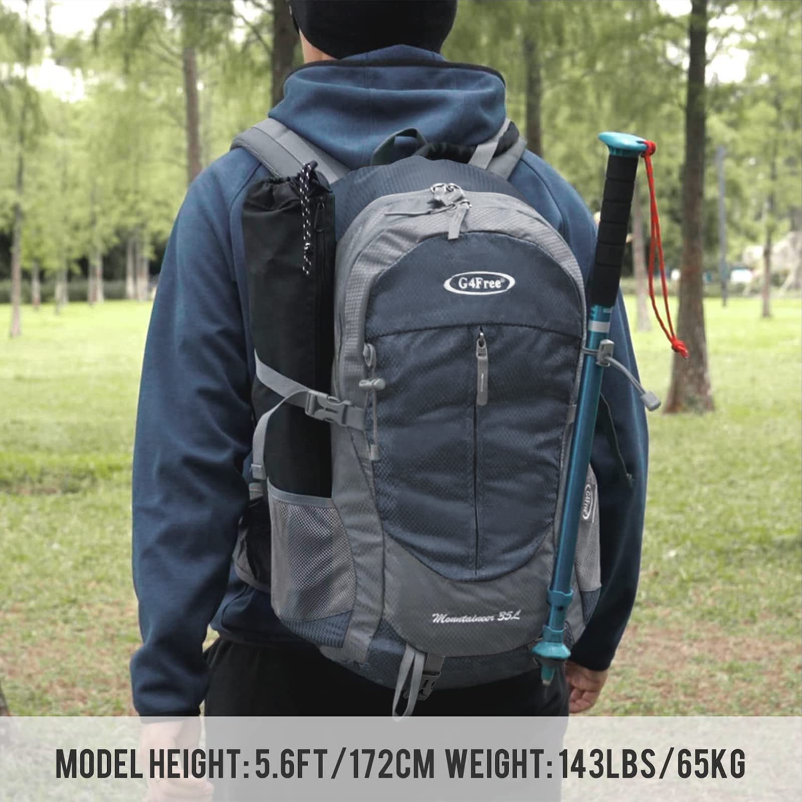 G4Free worn by hiker on trail demonstrating hands-free hydration and stability