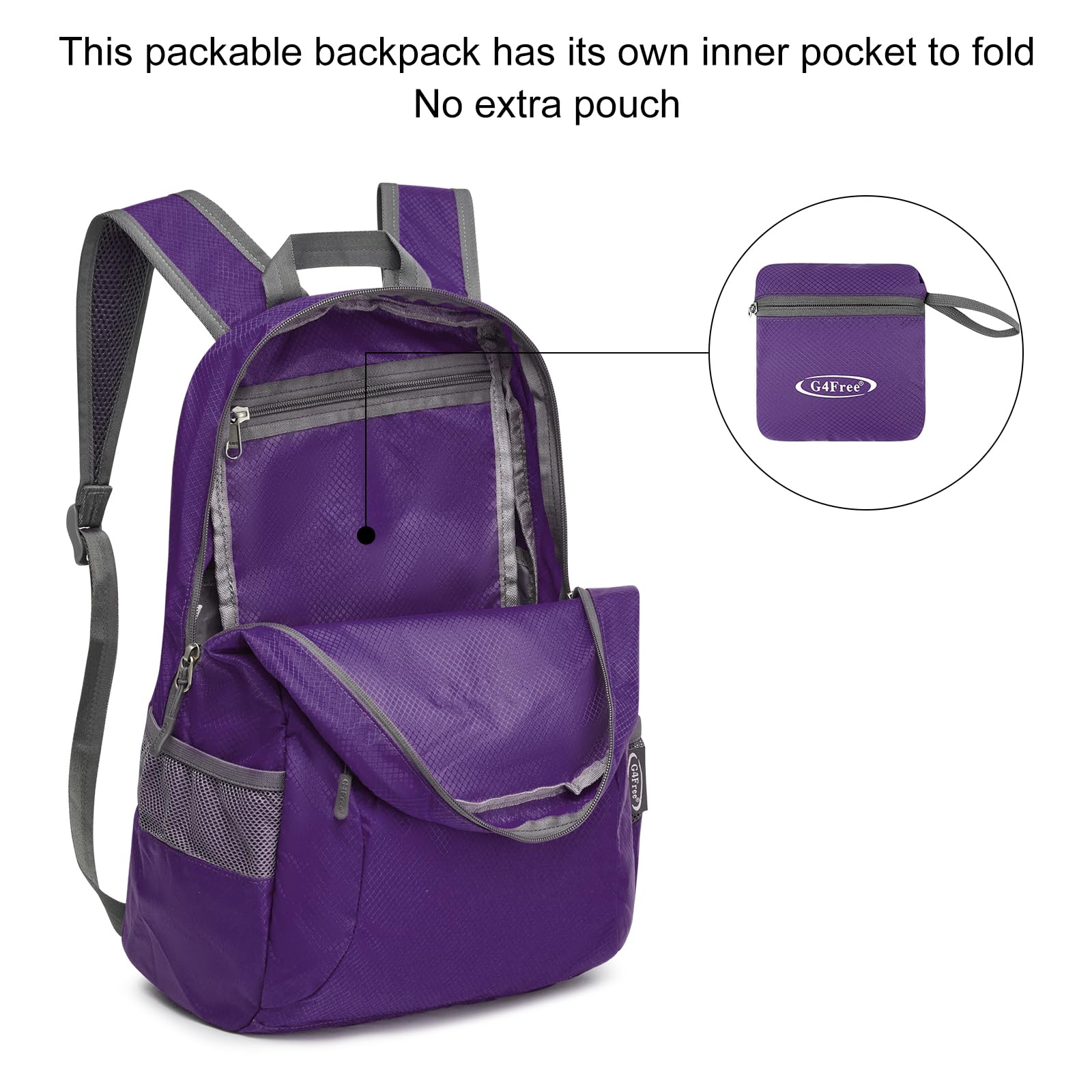 G4Free backpack folded into built-in pouch for compact, suitcase-friendly storage