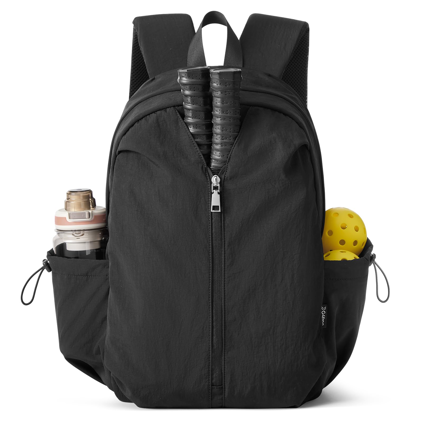 G4Free front view of backpack showing compact organization and sleek black finish