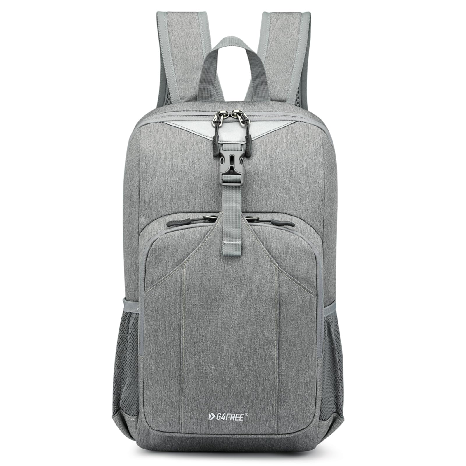G4Free front view of light grey daypack showing pockets and reflective strip for visibility