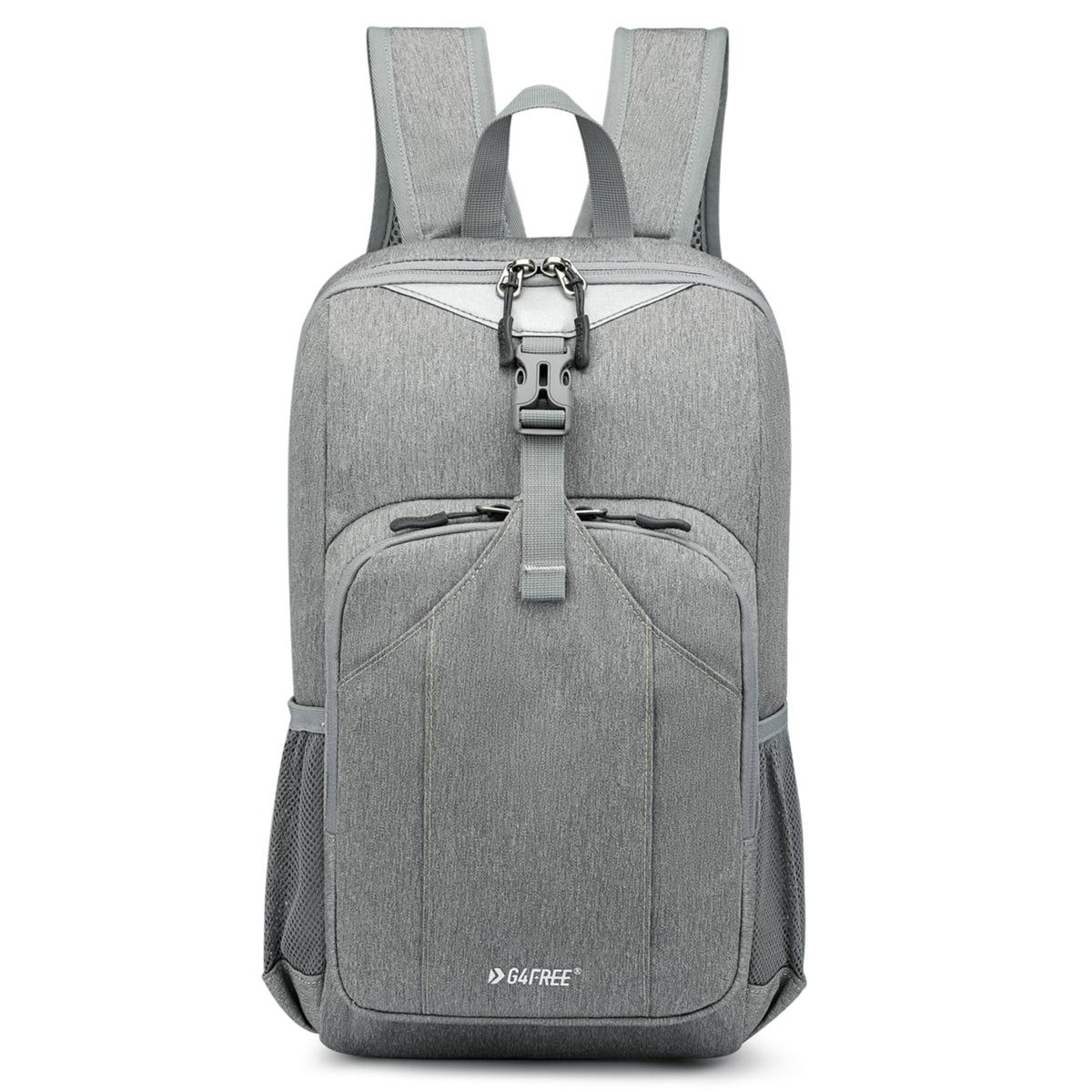 G4Free front view of light grey daypack showing pockets and reflective strip for visibility