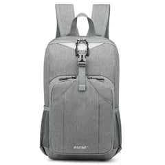 G4Free front view of light grey daypack showing pockets and reflective strip for visibility