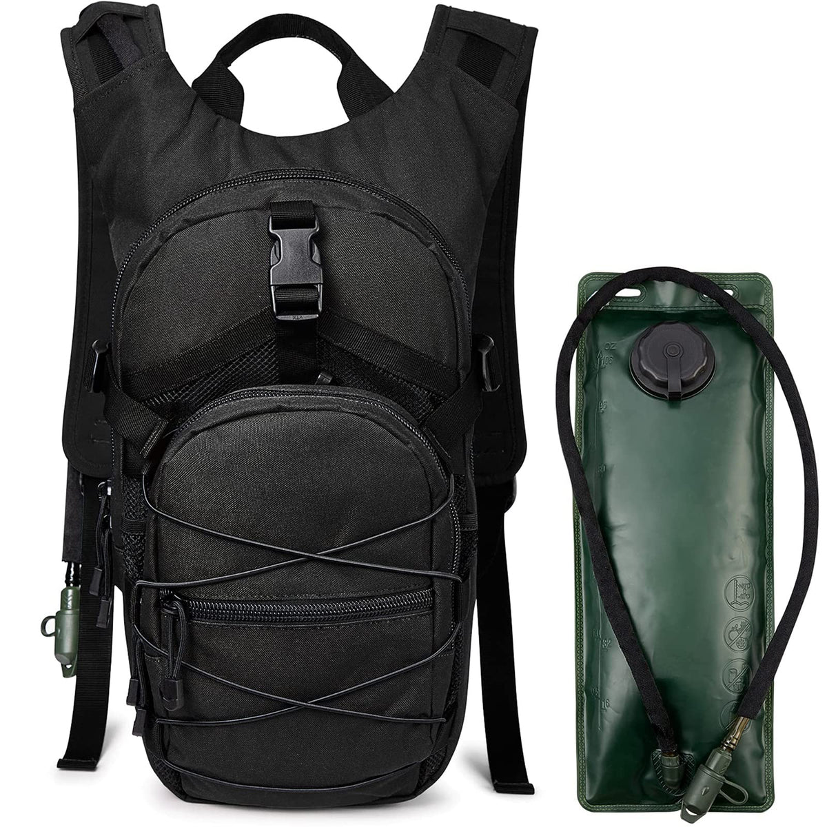 G4Free front view of black hydration pack showing slim profile and pockets, practical storage