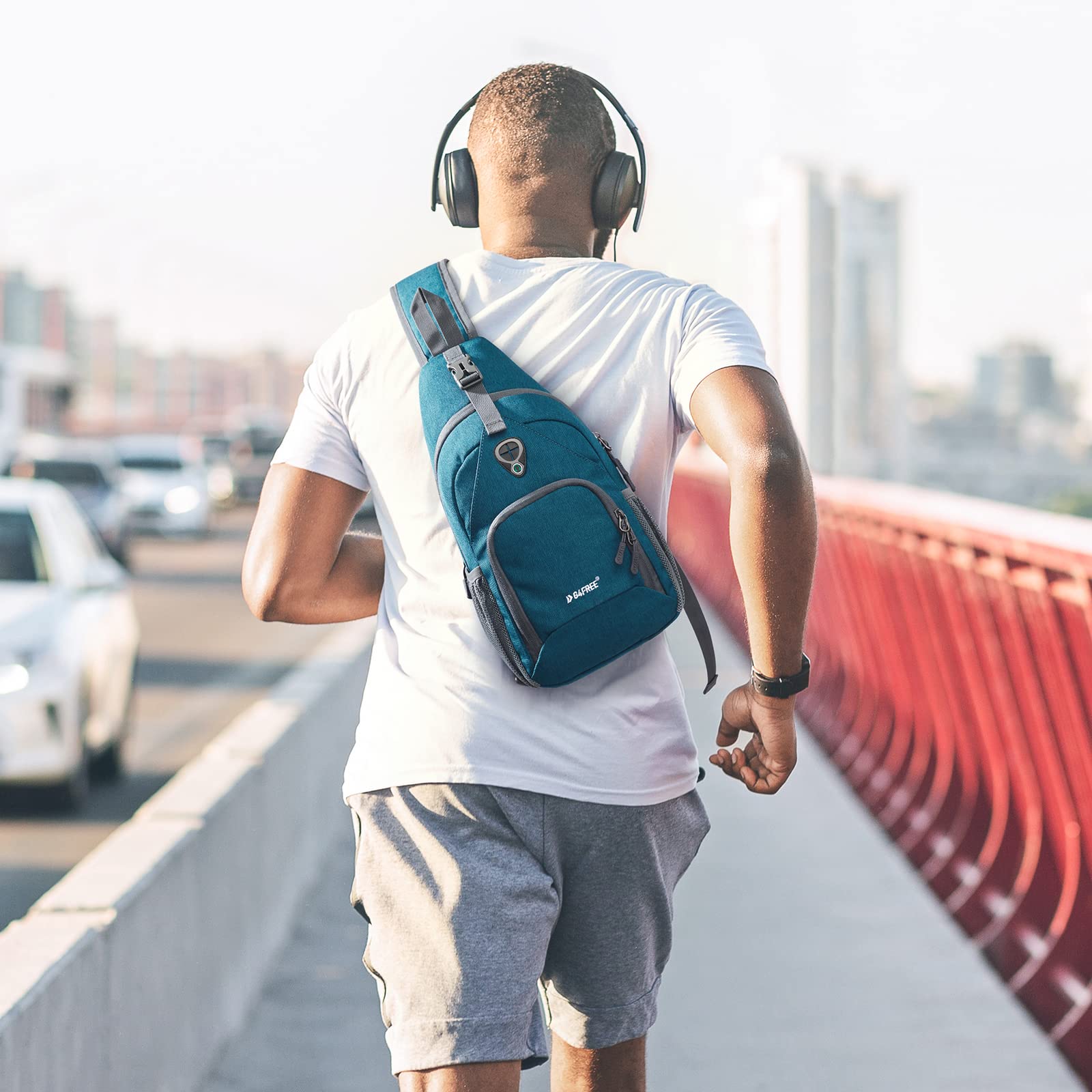 G4Free worn across chest by traveler illustrating hands-free mobility