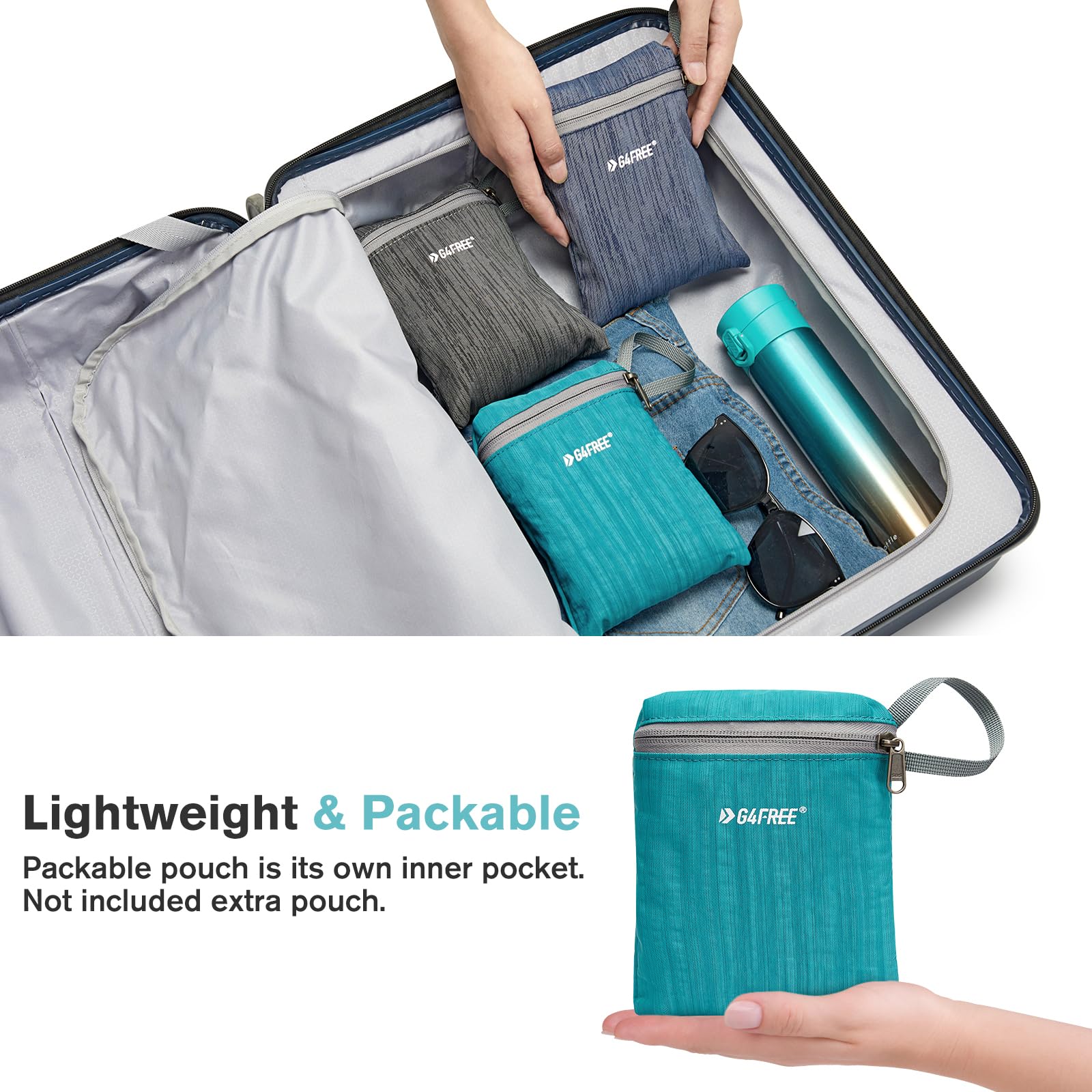 G4Free tucked into suitcase showing travel-friendly packability benefit