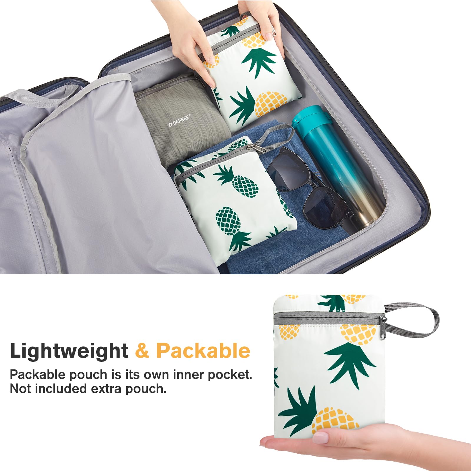 G4Free side mesh pocket holding a water bottle for hands-free hydration