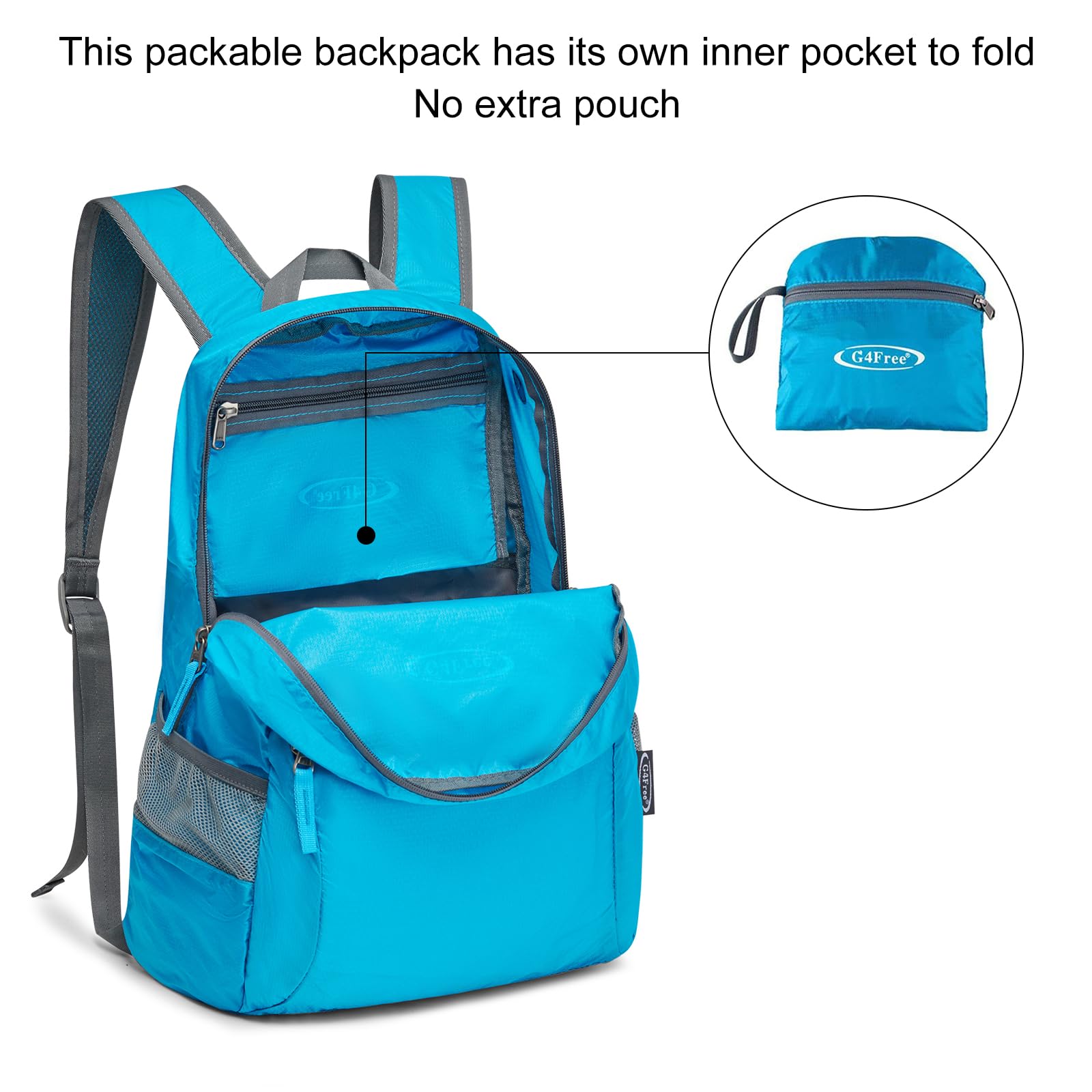 G4Free side mesh pocket holding water bottle, quick hydration access