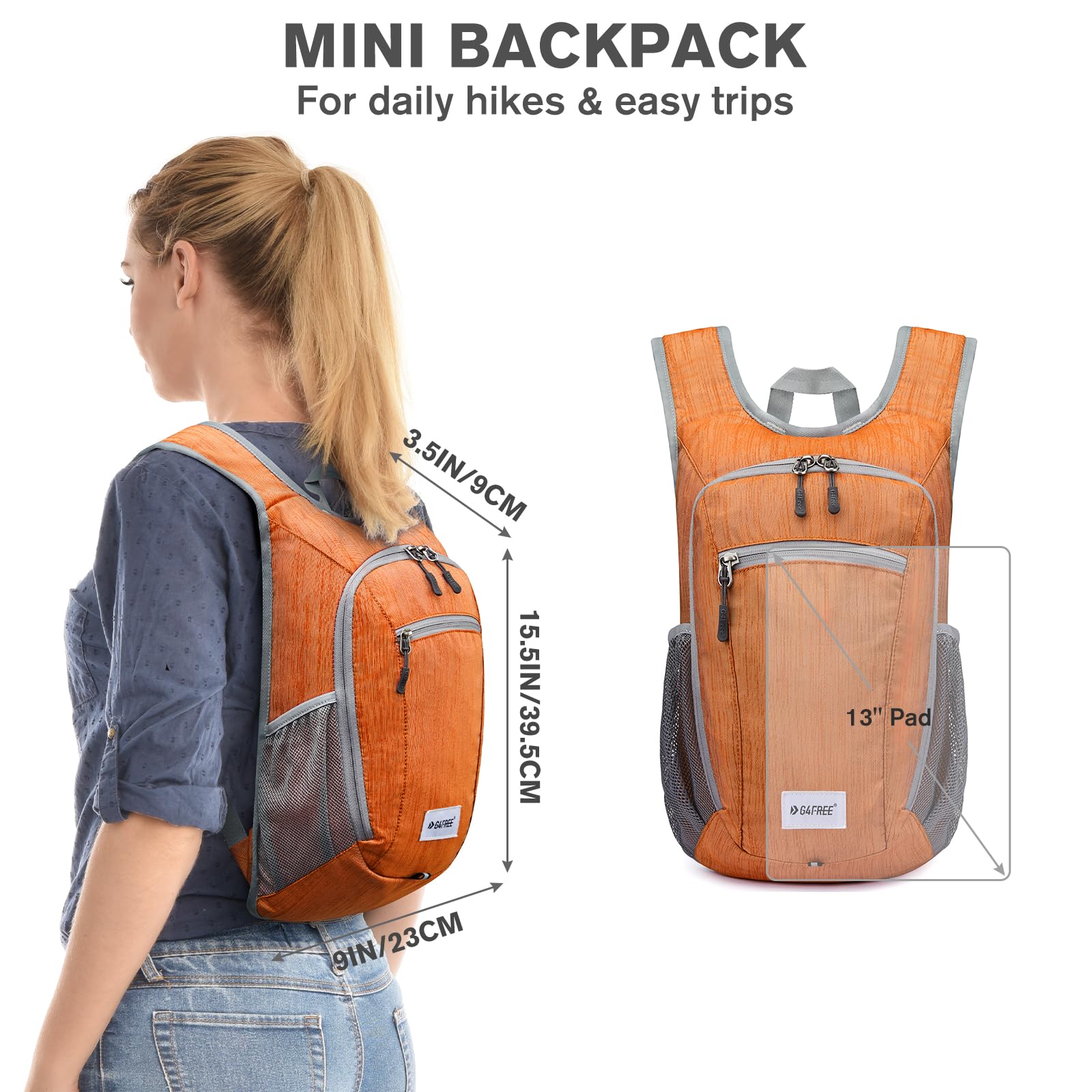 G4Free side view with water bottle highlighting easy-access pockets