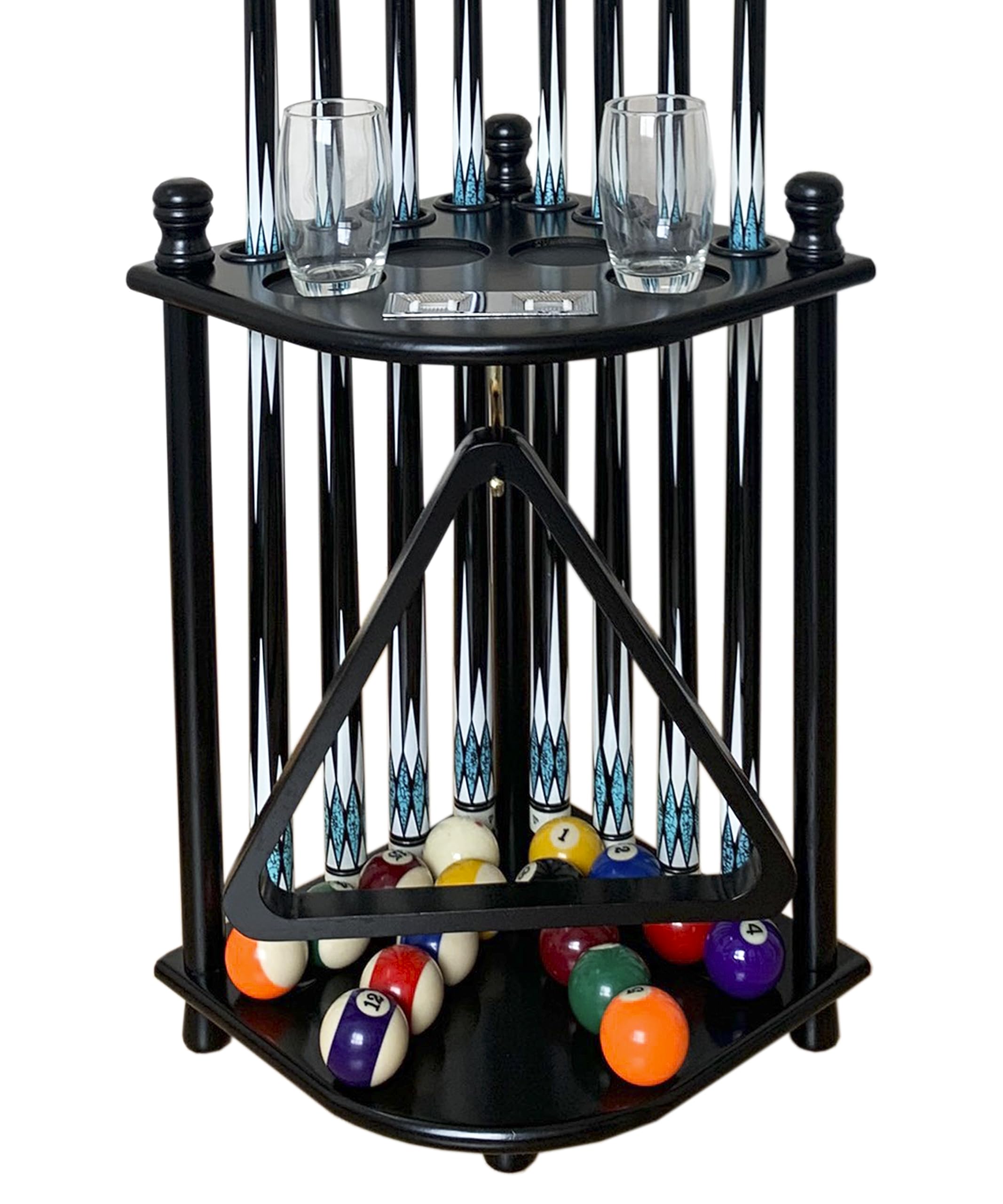 GACCO BILLIARDS front view of black wooden cue rack showing organized storage benefit
