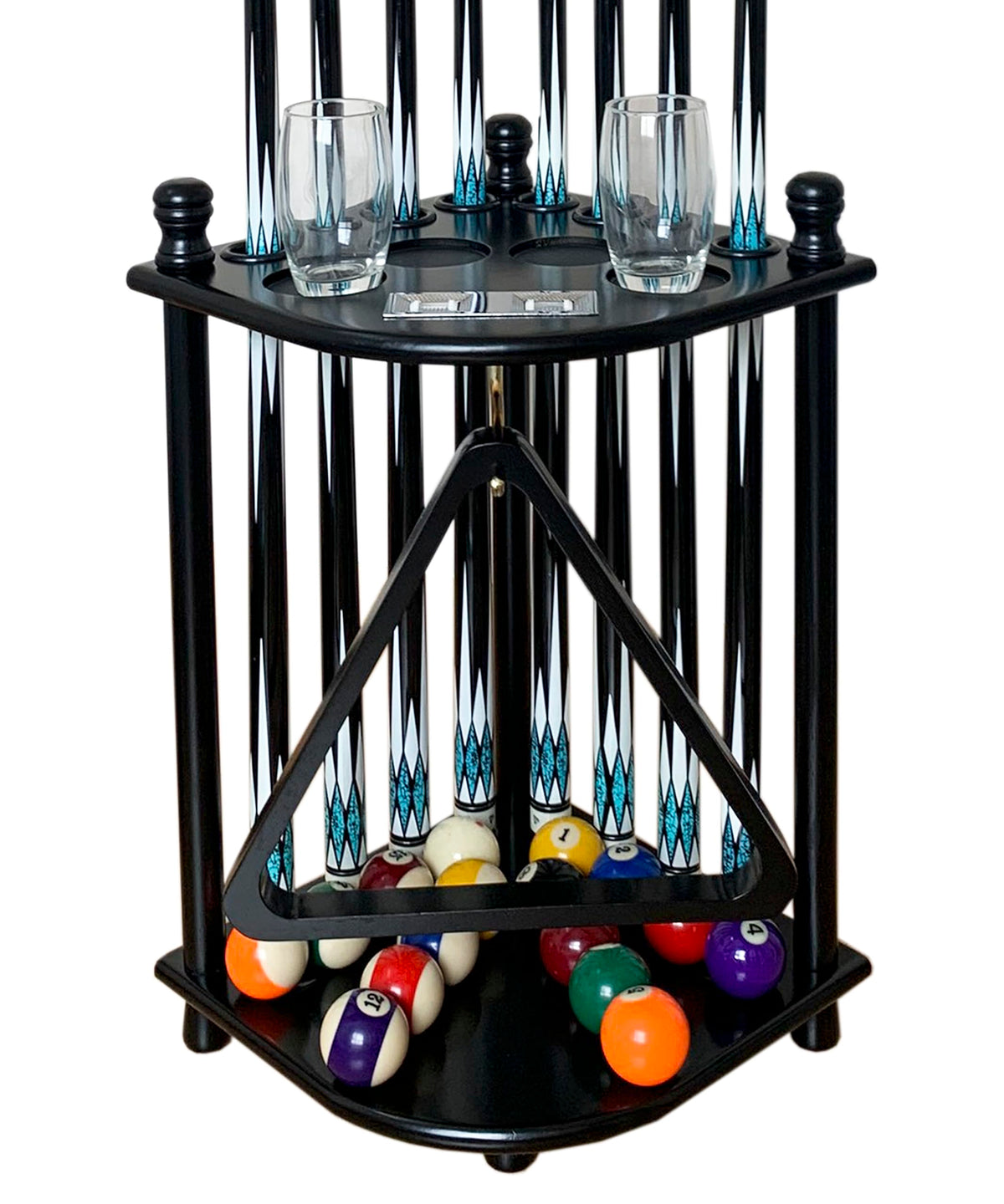 GACCO BILLIARDS front view of black wooden cue rack showing organized storage benefit