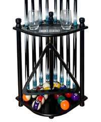 GACCO BILLIARDS front view of black wooden cue rack showing organized storage benefit
