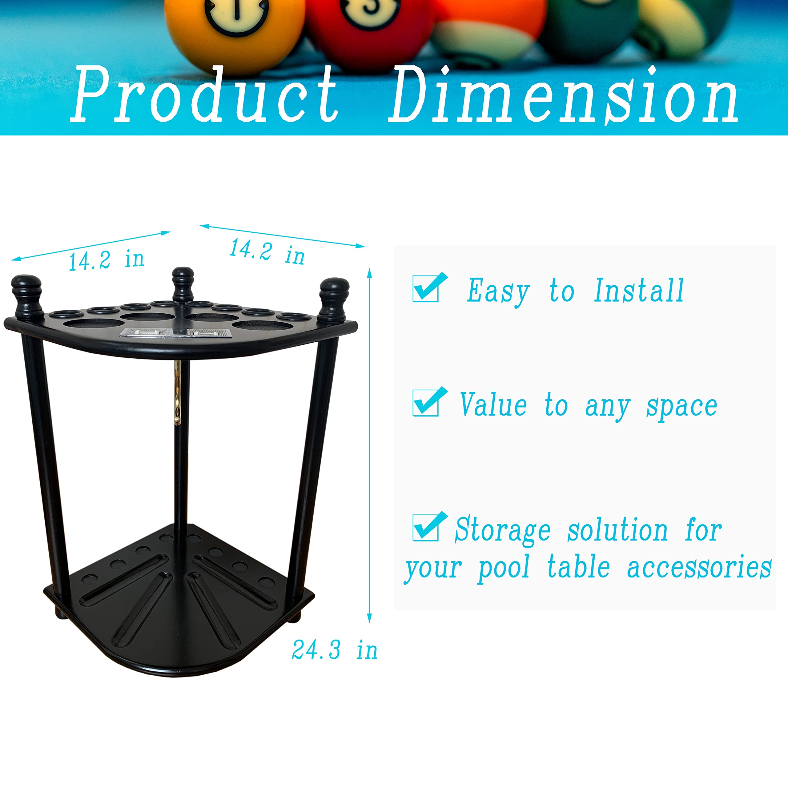 GACCO BILLIARDS rack placed in pool table corner saving floor space and decluttering