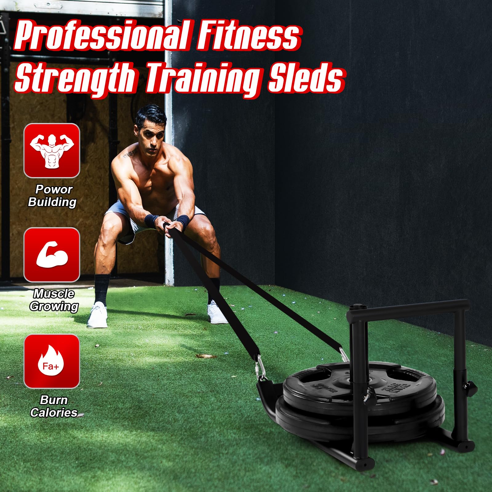 GADFISH athlete pushing sled on turf to build power and sprint resistance