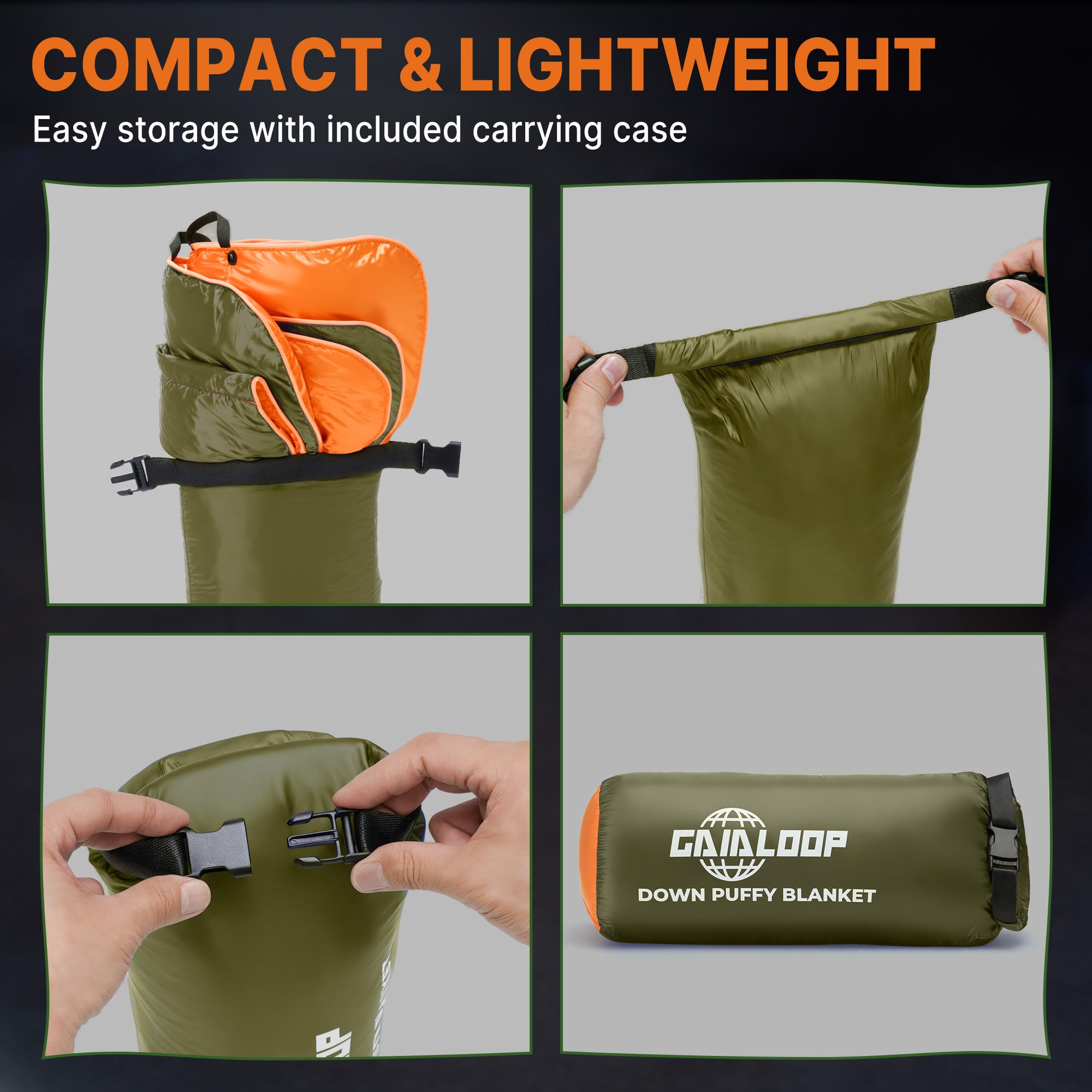 Gaialoop blanket compressed in pack showing portability and minimalist weight