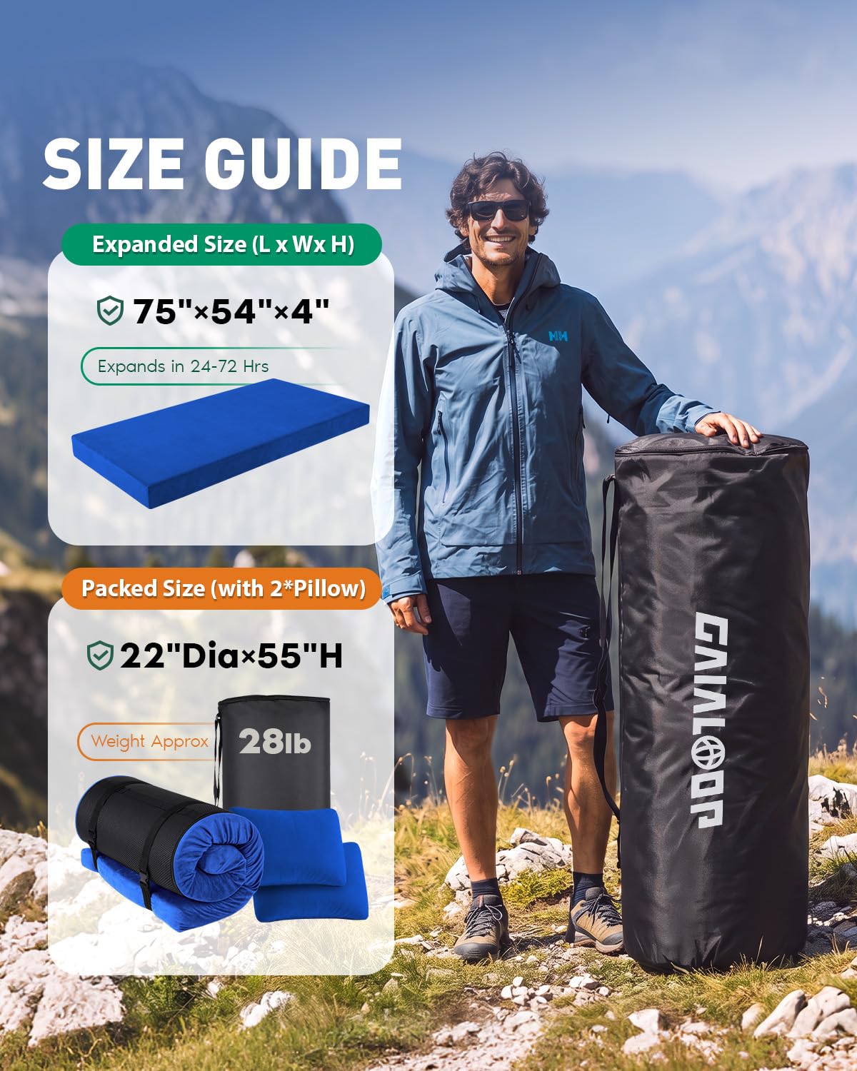Gaialoop mattress next to a backpack showing full-size scale