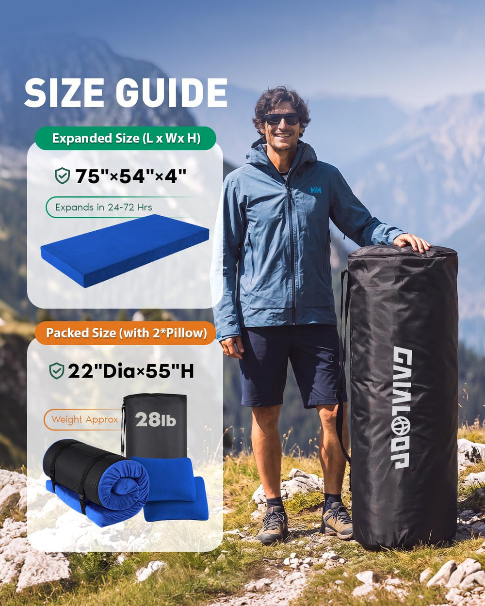 Gaialoop mattress next to a backpack showing full-size scale