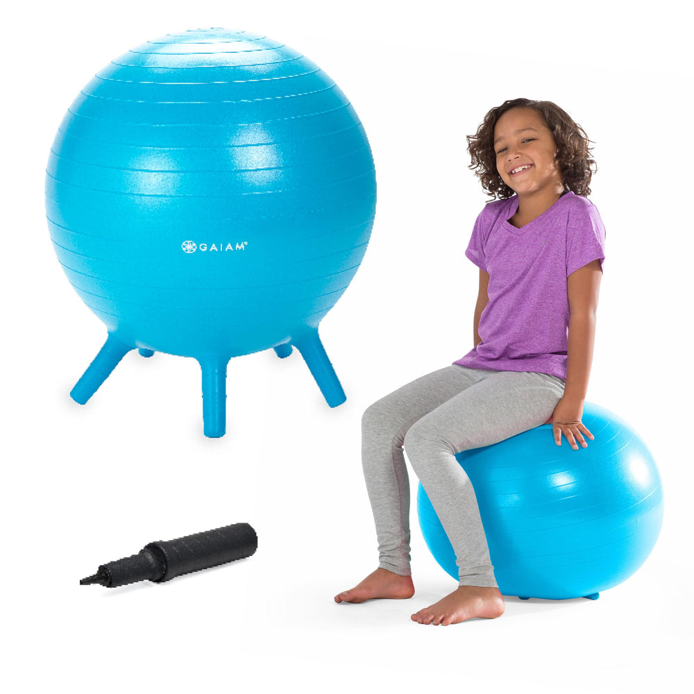 Gaiam junior balance ball front view shows comfortable seat and soft legs benefit posture