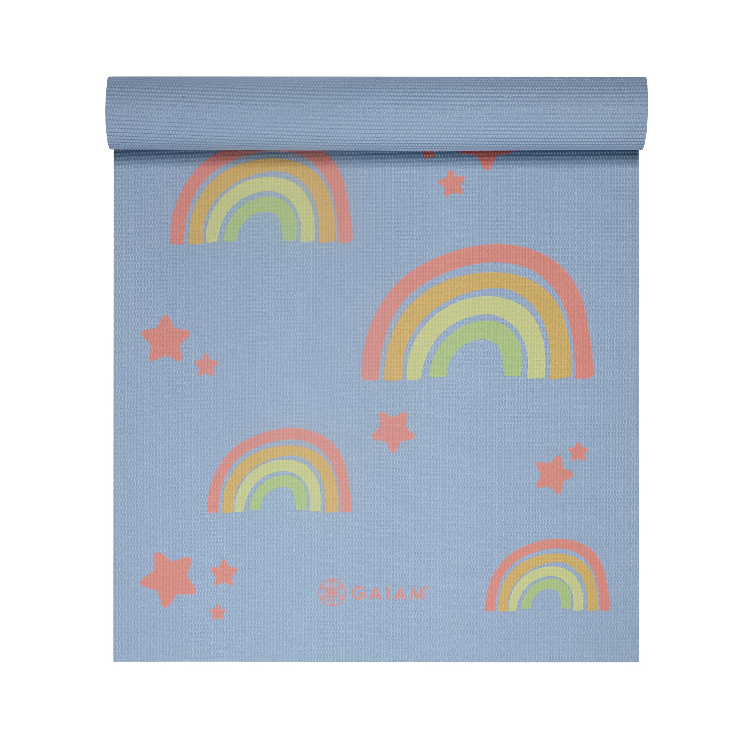 Gaiam kids yoga mat front view showing rainbow star print and full usable surface benefit of engagement