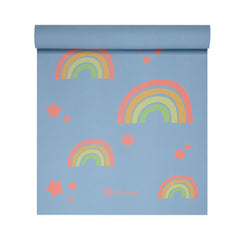 Gaiam kids yoga mat front view showing rainbow star print and full usable surface benefit of engagement
