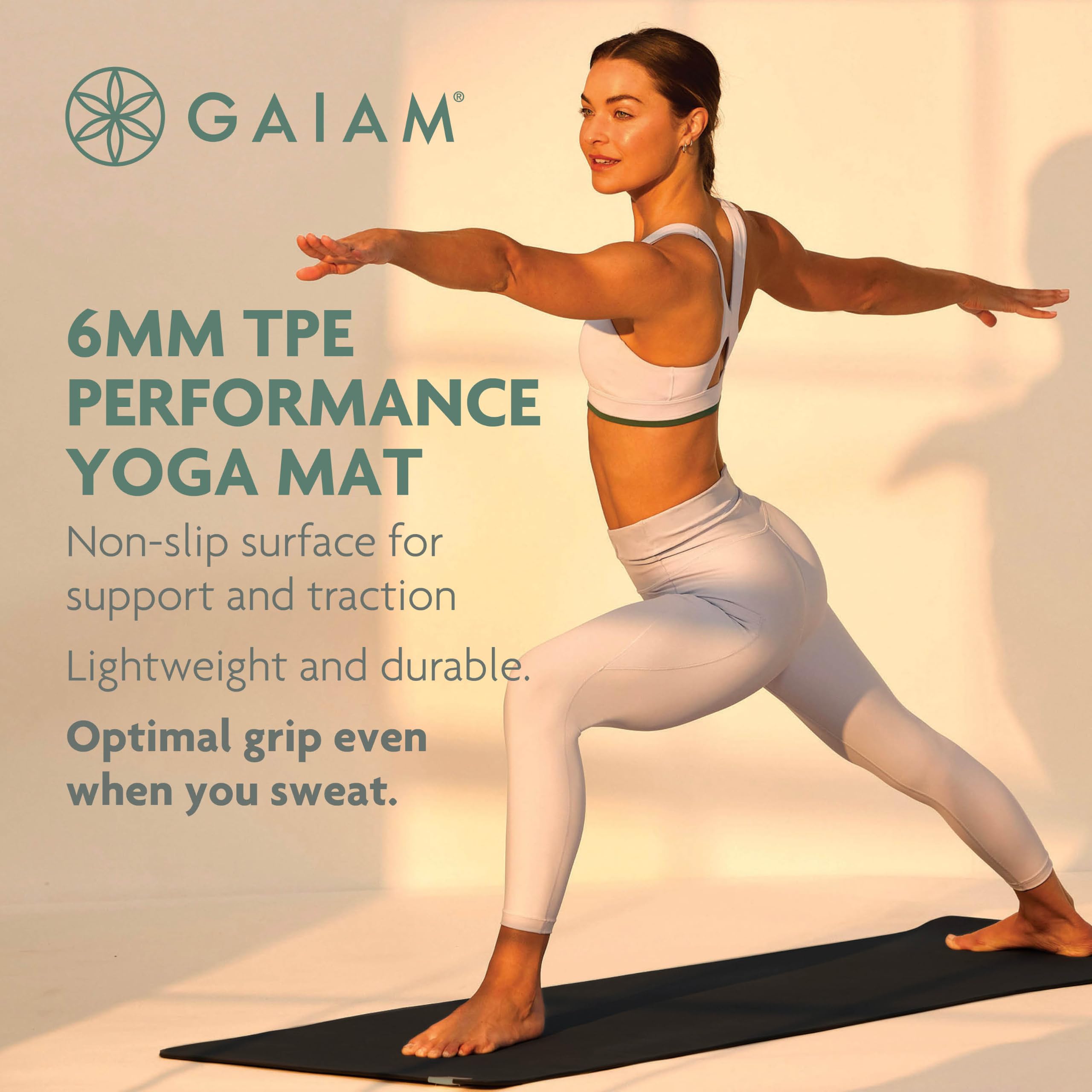 Gaiam TPE mat rolled with carry strap illustrating compact portability benefit